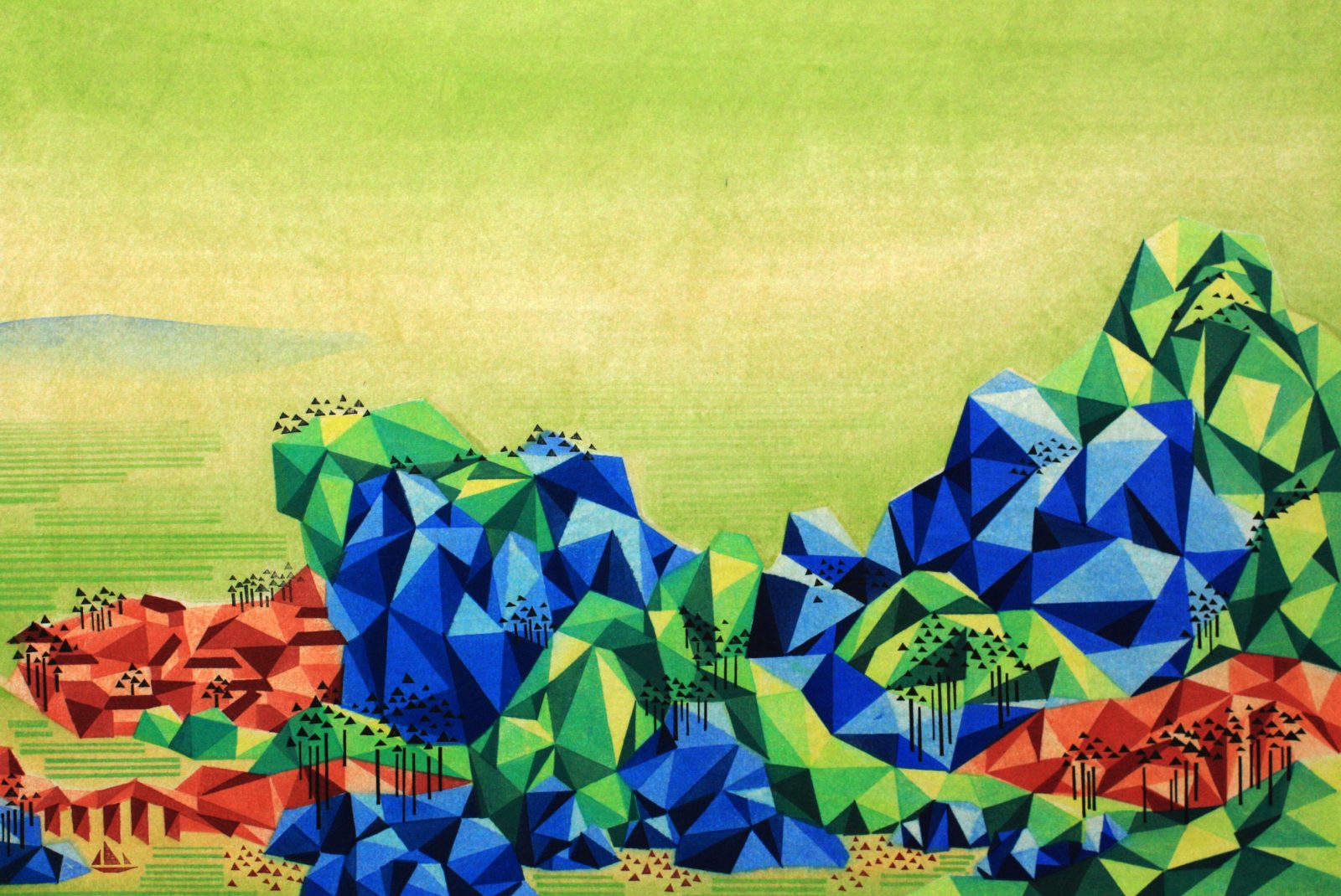Reconstructed Landscape I 重构山水-1,50cm×75cm, Waterbased Woodcut 2014