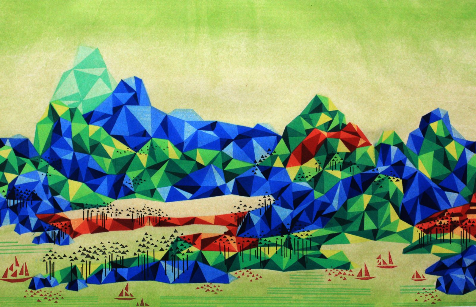 Reconstructed Landscape 《重构山水-6》, 50×78cm, 2014,waterbased woodcut
