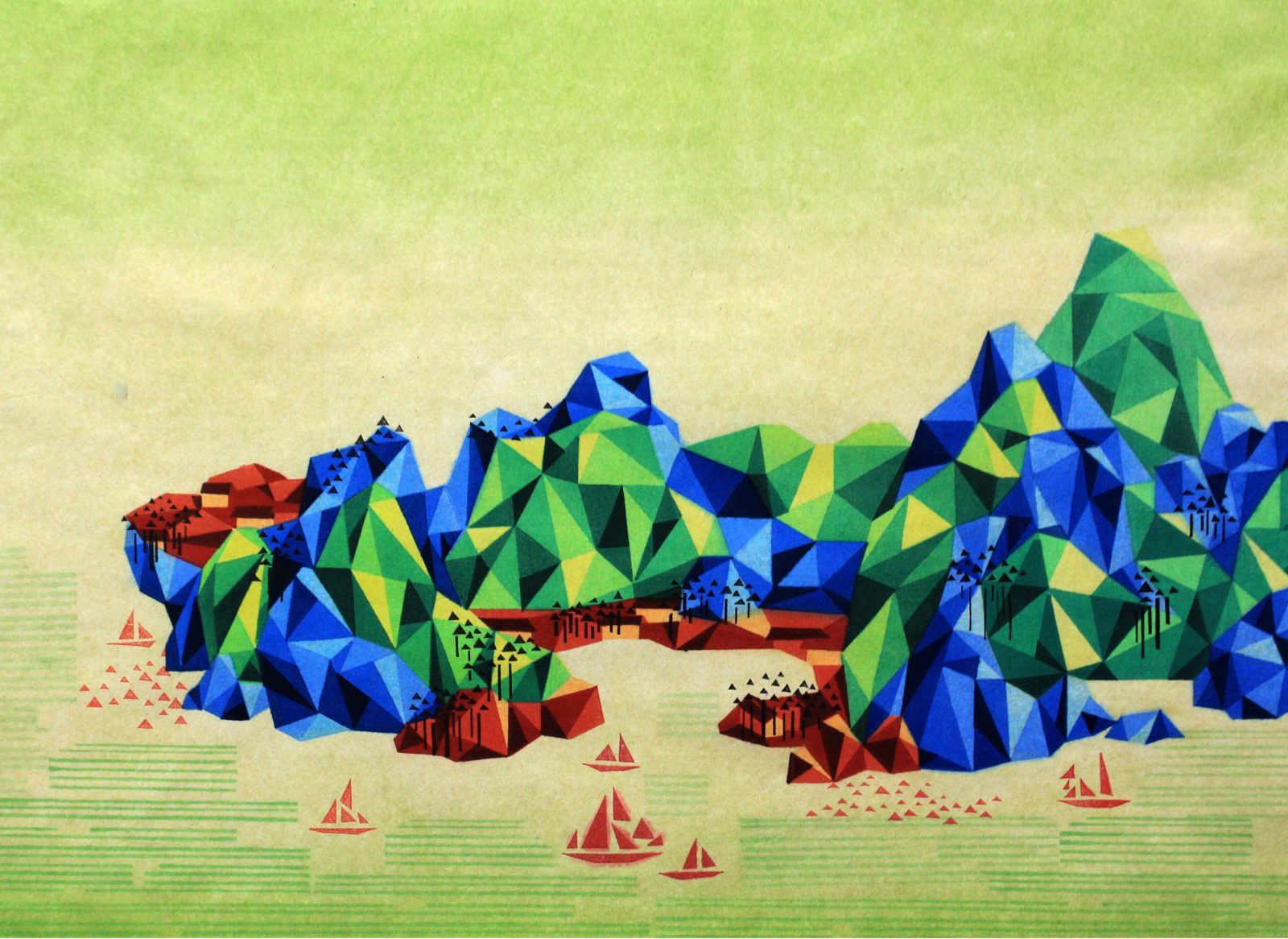 Reconstructed Landscape ,《重构山水-7》, 50×68cm, 2014 Waterbased woodcut