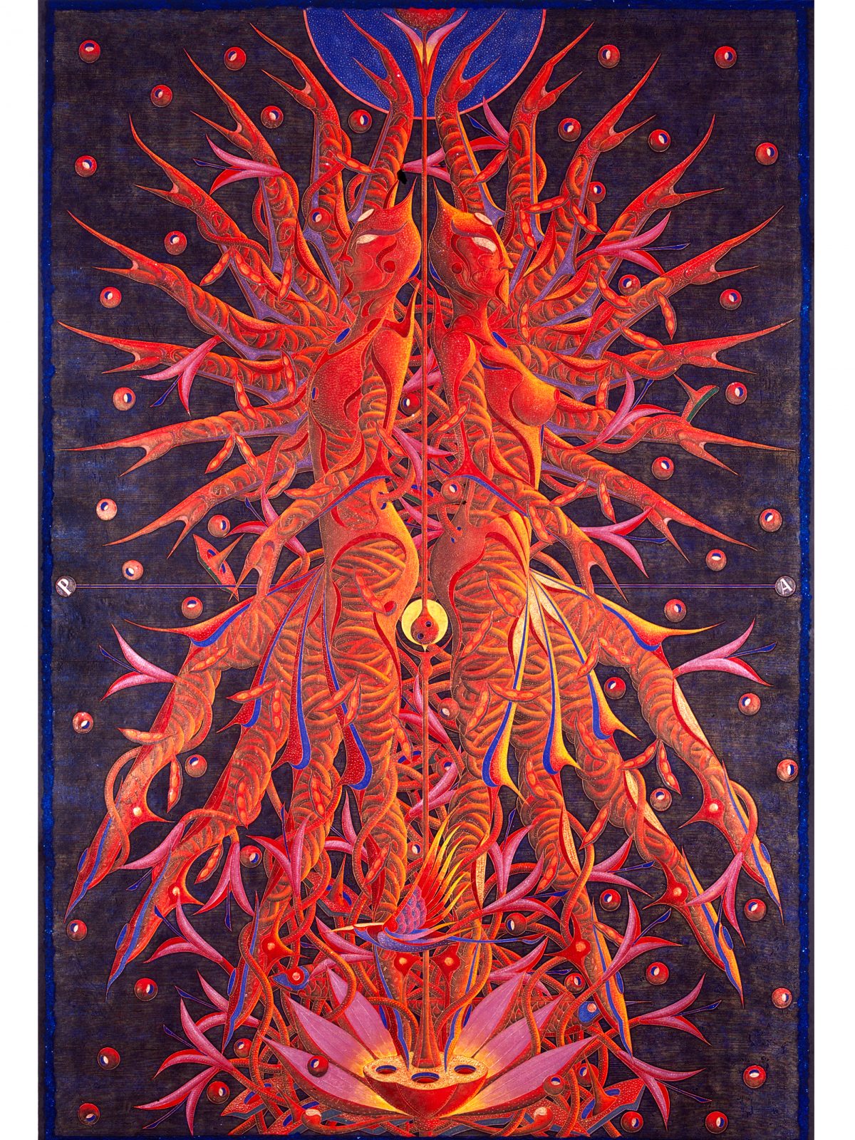 'Red-Life,Harmonious'-woodcut-with-acrylic-modelling-paster-and-minerals-on-paper,150x100cm,2005